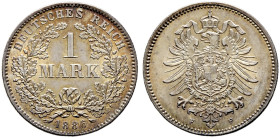 Kleinmünzen. 
1 Mark 1886 F. J. 9. Prachtexemplar mit feiner Tönung, fast Stempelglanz