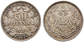 Kleinmünzen. 
50 Pfennig 1903 A. J. 15. feine Patina, vorzüglich-Stempelglanz