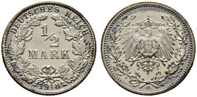 Kleinmünzen. 
1/2 Mark 1918 F. J. 16. feinst zaponiert, Polierte Platte