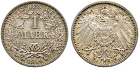 Kleinmünzen. 
1 Mark 1899 F. J. 17. Prachtexemplar mit feiner Patina, Stempelglanz