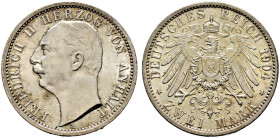 Silbermünzen des Kaiserreiches. ANHALT 
Friedrich II. 1904-1918. 2 Mark 1904 A. Regierungsantritt. J. 22. leichte Tönung, winzige Randfehler, vorzügl...