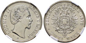 Silbermünzen des Kaiserreiches. BAYERN 
Ludwig II. 1864-1886. 2 Mark 1876 D. J. 41. In Plastikholder der NGC (slabbed) mit der Bewertung MS 62 winzig...