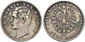 Silbermünzen des Kaiserreiches. BAYERN 
Otto 1888-1913. 5 Mark 1888 D. J. 44. kleine Randfehler, etwas fleckig, sehr schön