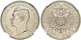 Silbermünzen des Kaiserreiches. HESSEN 
Ernst Ludwig 1892-1918. 5 Mark 1895 A. J. 73. In Plastikholder der NGC (slabbed) mit der Bewertung PROOF DETA...