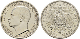 Silbermünzen des Kaiserreiches. HESSEN 
Ernst Ludwig 1892-1918. 3 Mark 1910 A. J. 76. sehr selten in dieser Erhaltung, Prachtexemplar, Polierte Platt...