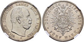 Silbermünzen des Kaiserreiches. PREUSSEN 
Wilhelm I. 1861-1888. 5 Mark 1876 B. J. 97. In Plastikholder der NGC (slabbed) mit der Bewertung MS 61 klei...