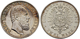 Silbermünzen des Kaiserreiches. WÜRTTEMBERG 
Karl 1864-1891. 2 Mark 1876 F. J. 172. seltenes Prachtexemplar mit leichter Tönung, feinst zaponiert, Po...