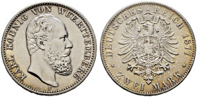 Silbermünzen des Kaiserreiches. WÜRTTEMBERG 
Karl 1864-1891. 2 Mark 1877 F. J. 172. feinst zaponiert, minimale Kratzer auf dem Avers, vorzüglich