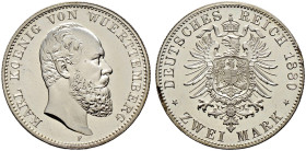 Silbermünzen des Kaiserreiches. WÜRTTEMBERG 
Karl 1864-1891. 2 Mark 1880 F. J. 172. seltener Jahrgang, Kabinettstück von herrlicher Erhaltung, feinst...