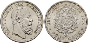 Silbermünzen des Kaiserreiches. WÜRTTEMBERG 
Karl 1864-1891. 5 Mark 1874 F. J. 173. Prachtexemplar, feinst zaponiert, winzige Randunebenheiten, fast ...