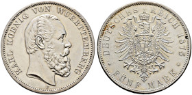 Silbermünzen des Kaiserreiches. WÜRTTEMBERG 
Karl 1864-1891. 5 Mark 1875 F. J. 173. äußerst selten in dieser Erhaltung, feinst zaponiert, Kabinettstü...