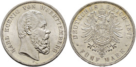 Silbermünzen des Kaiserreiches. WÜRTTEMBERG 
Karl 1864-1891. 5 Mark 1876 F. J. 173. feinst zaponiert, winzige Kratzer und Randfehler, vorzüglich-Stem...