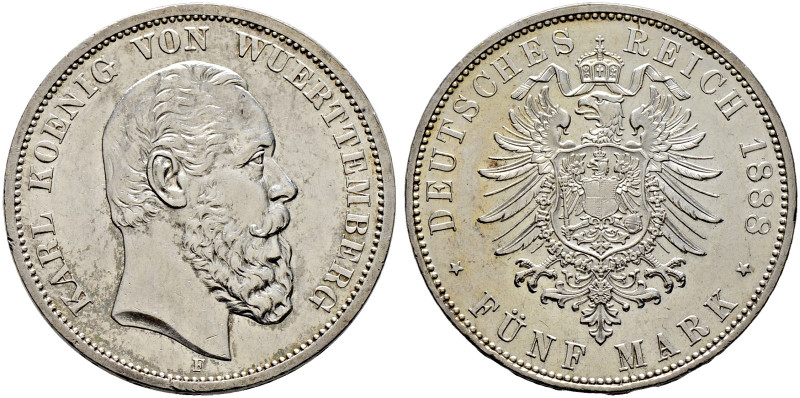 Silbermünzen des Kaiserreiches. WÜRTTEMBERG 
Karl 1864-1891. 5 Mark 1888 F. J. ...