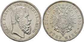 Silbermünzen des Kaiserreiches. WÜRTTEMBERG 
Karl 1864-1891. 5 Mark 1888 F. J. 173. feinst zaponiert, kleine Kratzer und Randfehler, sehr schön-vorzü...