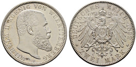 Silbermünzen des Kaiserreiches. WÜRTTEMBERG 
Wilhelm II. 1891-1918. 2 Mark 1892 F. J. 174. seltenes Prachtexemplar, feinst zaponiert, winziger Kratze...
