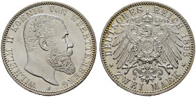 Silbermünzen des Kaiserreiches. WÜRTTEMBERG 
Wilhelm II. 1891-1918. 2 Mark 1893 F. J. 174. feinst zaponiert, winzige Kratzer auf dem Avers, vorzüglic...