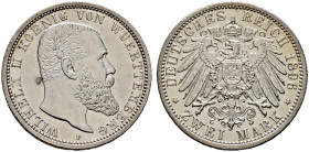Silbermünzen des Kaiserreiches. WÜRTTEMBERG 
Wilhelm II. 1891-1918. 2 Mark 1896 F. J. 174. feinst zaponiert, vorzüglich/vorzüglich-Stempelglanz