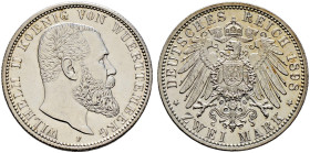 Silbermünzen des Kaiserreiches. WÜRTTEMBERG 
Wilhelm II. 1891-1918. 2 Mark 1898 F. J. 174. Prachtexemplar, feinst zaponiert, Polierte Platte