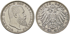 Silbermünzen des Kaiserreiches. WÜRTTEMBERG 
Wilhelm II. 1891-1918. 2 Mark 1899 F. J. 174. feinst zaponiert, fast Stempelglanz