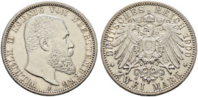 Silbermünzen des Kaiserreiches. WÜRTTEMBERG 
Wilhelm II. 1891-1918. 2 Mark 1900 F. J. 174. feinst zaponiert, minimale Kratzer, vorzüglich/vorzüglich-...