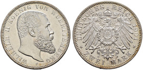 Silbermünzen des Kaiserreiches. WÜRTTEMBERG 
Wilhelm II. 1891-1918. 2 Mark 1901 F. J. 174. Prachtexemplar, feinst zaponiert, Polierte Platte