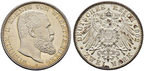 Silbermünzen des Kaiserreiches. WÜRTTEMBERG 
Wilhelm II. 1891-1918. 2 Mark 1902 F. J. 174. feinst zaponiert, Revers minimal fleckig, Polierte Platte...