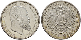 Silbermünzen des Kaiserreiches. WÜRTTEMBERG 
Wilhelm II. 1891-1918. 2 Mark 1903 F. J. 174. feinst zaponiert, winzige Haarlinien, Polierte Platte