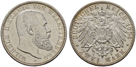 Silbermünzen des Kaiserreiches. WÜRTTEMBERG 
Wilhelm II. 1891-1918. 2 Mark 1904 F. J. 174. feinst zaponiert, winzige Haarlinien, Polierte Platte