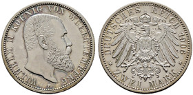 Silbermünzen des Kaiserreiches. WÜRTTEMBERG 
Wilhelm II. 1891-1918. 2 Mark 1906 F. J. 174. Prachtexemplar, feinst zaponiert, Polierte Platte