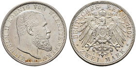 Silbermünzen des Kaiserreiches. WÜRTTEMBERG 
Wilhelm II. 1891-1918. 2 Mark 1907 F. J. 174. feinst zaponiert, winzige Haarlinien, Polierte Platte