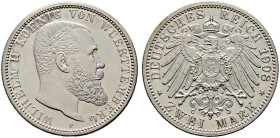 Silbermünzen des Kaiserreiches. WÜRTTEMBERG 
Wilhelm II. 1891-1918. 2 Mark 1908 F. J. 174. Prachtexemplar, feinst zaponiert, Polierte Platte