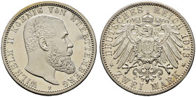Silbermünzen des Kaiserreiches. WÜRTTEMBERG 
Wilhelm II. 1891-1918. 2 Mark 1913 F. J. 174. Prachtexemplar, feinst zaponiert, Polierte Platte
