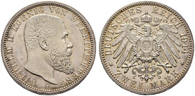 Silbermünzen des Kaiserreiches. WÜRTTEMBERG 
Wilhelm II. 1891-1918. 2 Mark 1914 F. J. 174. Prachtexemplar, feinst zaponiert, Polierte Platte