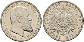 Silbermünzen des Kaiserreiches. WÜRTTEMBERG 
Wilhelm II. 1891-1918. 3 Mark 1908 F. J. 175. feinst zaponiert, winzige Haarlinien, Polierte Platte