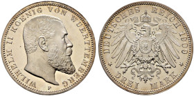 Silbermünzen des Kaiserreiches. WÜRTTEMBERG 
Wilhelm II. 1891-1918. 3 Mark 1909 F. J. 175. Prachtexemplar, feinst zaponiert, Polierte Platte