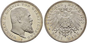 Silbermünzen des Kaiserreiches. WÜRTTEMBERG 
Wilhelm II. 1891-1918. 3 Mark 1910 F. J. 175. Kabinettstück von herrlicher Erhaltung, feinst zaponiert, ...