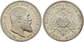 Silbermünzen des Kaiserreiches. WÜRTTEMBERG 
Wilhelm II. 1891-1918. 3 Mark 1911 F. J. 175. feinst zaponiert, winzige Haarlinien, Polierte Platte