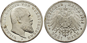 Silbermünzen des Kaiserreiches. WÜRTTEMBERG 
Wilhelm II. 1891-1918. 3 Mark 1912 F. J. 175. feinst zaponiert, winzige Haarlinien und Flecke, Polierte ...