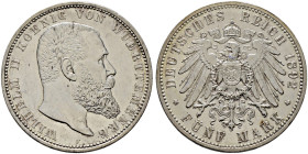 Silbermünzen des Kaiserreiches. WÜRTTEMBERG 
Wilhelm II. 1891-1918. 5 Mark 1892 F. J. 176. feinst zaponiert, kleine Kratzer, winzige Randfehler, vorz...
