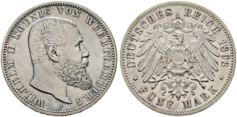 Silbermünzen des Kaiserreiches. WÜRTTEMBERG 
Wilhelm II. 1891-1918. 5 Mark 1893...