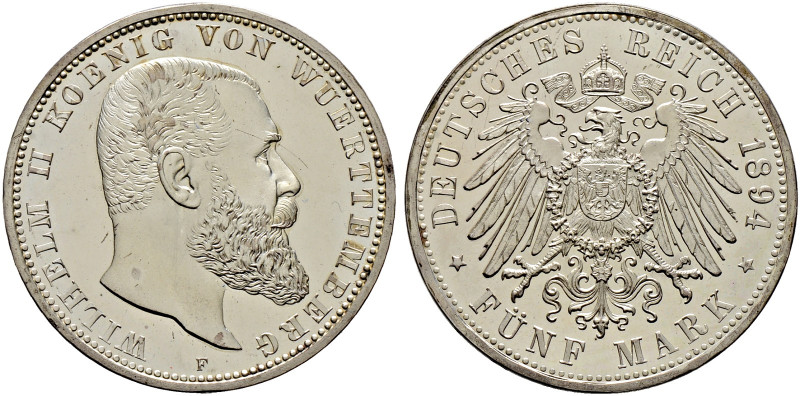 Silbermünzen des Kaiserreiches. WÜRTTEMBERG 
Wilhelm II. 1891-1918. 5 Mark 1894...