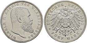 Silbermünzen des Kaiserreiches. WÜRTTEMBERG 
Wilhelm II. 1891-1918. 5 Mark 1898 F. J. 176. feinst zaponiert, kleine Randunebenheiten, Polierte Platte...