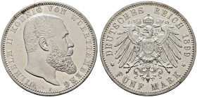 Silbermünzen des Kaiserreiches. WÜRTTEMBERG 
Wilhelm II. 1891-1918. 5 Mark 1899 F. J. 176. sehr selten in dieser Erhaltung, feinst zaponiert, winzige...