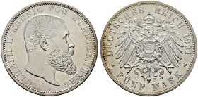 Silbermünzen des Kaiserreiches. WÜRTTEMBERG 
Wilhelm II. 1891-1918. 5 Mark 1901 F. J. 176. seltenes Prachtexemplar von herrlicher Erhaltung, feinst z...