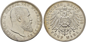 Silbermünzen des Kaiserreiches. WÜRTTEMBERG 
Wilhelm II. 1891-1918. 5 Mark 1902 F. J. 176. seltenes Prachtexemplar von herrlicher Erhaltung, feinst z...