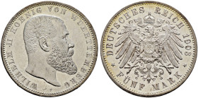 Silbermünzen des Kaiserreiches. WÜRTTEMBERG 
Wilhelm II. 1891-1918. 5 Mark 1903 F. J. 176. feinst zaponiert, kleine Kratzer auf dem Avers, vorzüglich...