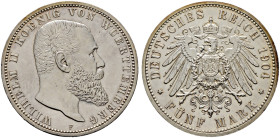 Silbermünzen des Kaiserreiches. WÜRTTEMBERG 
Wilhelm II. 1891-1918. 5 Mark 1904 F. J. 176. seltenes Prachtexemplar von herrlicher Erhaltung, feinst z...