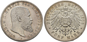Silbermünzen des Kaiserreiches. WÜRTTEMBERG 
Wilhelm II. 1891-1918. 5 Mark 1906 F. J. 176. Auflage in PP: nur 50 Exemplare seltenes Kabinettstück von...