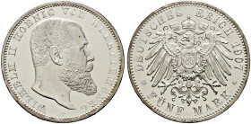 Silbermünzen des Kaiserreiches. WÜRTTEMBERG 
Wilhelm II. 1891-1918. 5 Mark 1907 F. J. 176. seltenes Prachtexemplar von herrlicher Erhaltung, feinst z...