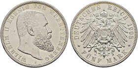 Silbermünzen des Kaiserreiches. WÜRTTEMBERG 
Wilhelm II. 1891-1918. 5 Mark 1908 F. J. 176. feinst zaponiert, kleine Kratzer und Randunebenheiten, vor...